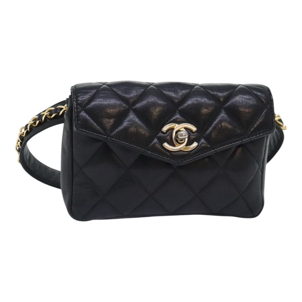 CHANEL Matelasse Waist Bag Lamb Skin Black Gold CC